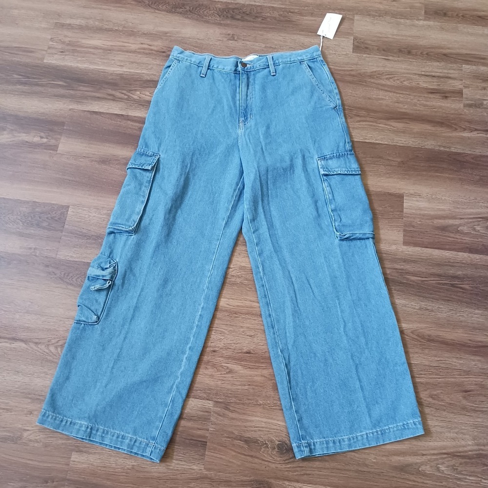 Universal Thread Jeans Womens 14 Blue Cotton Denim Wide-Leg Cargo Baggy Workwear